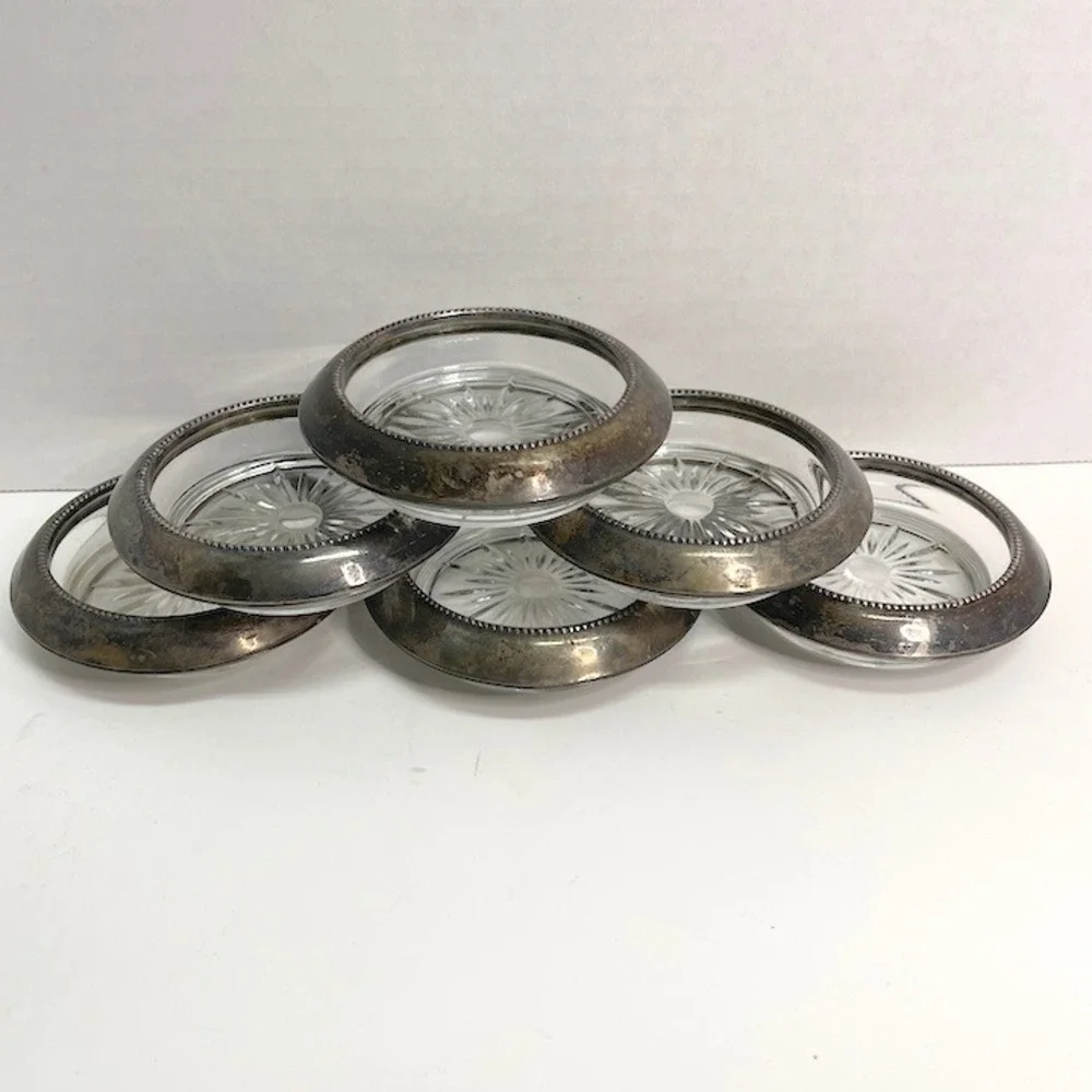 Vtg Sterling Silver Rim Glass Coasters Starburst Base Lot of 6 Frank M Whiting
